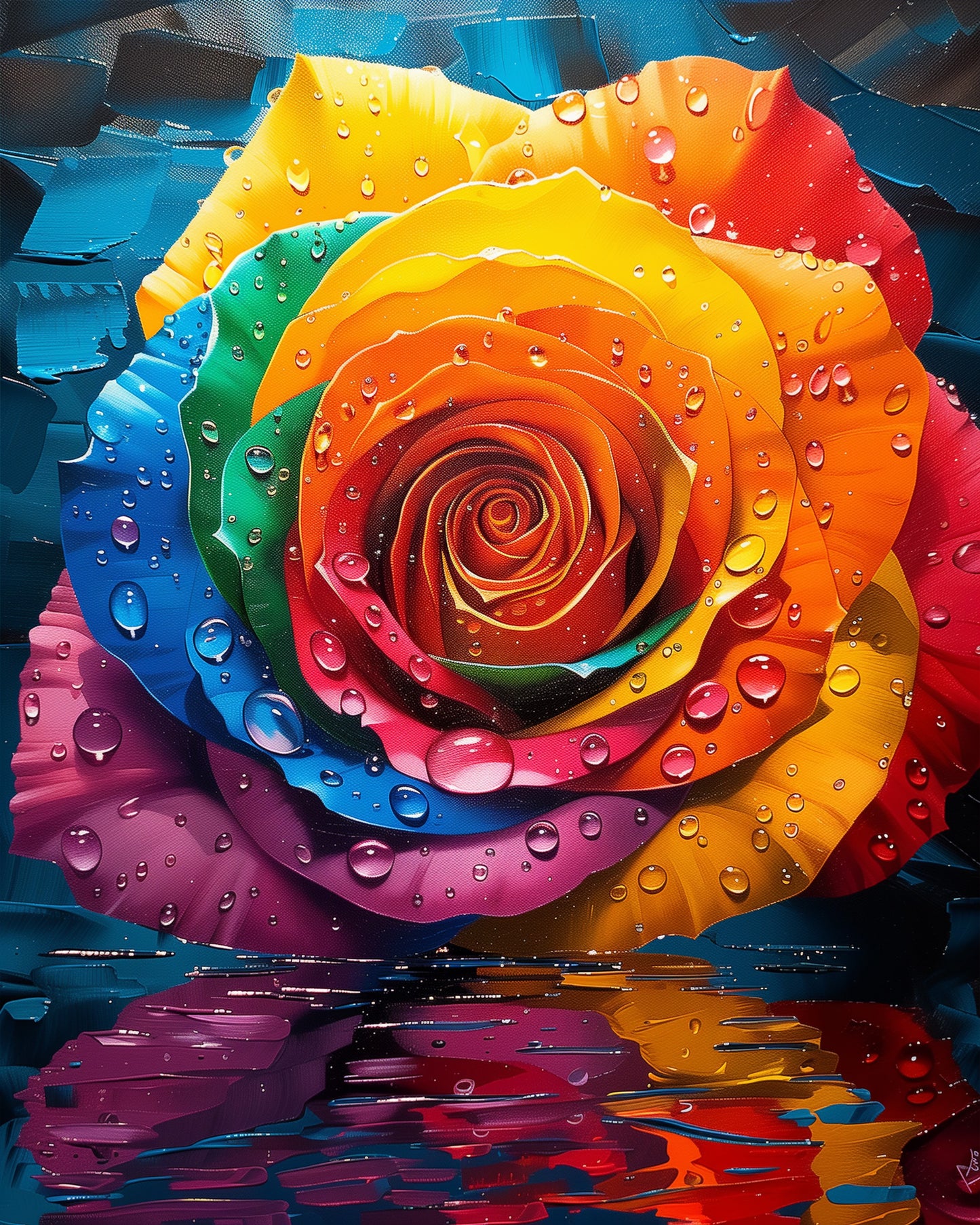 A stunning Rainbow Rose image for the Rainbow Rose - Meditation by miicreative. The bright colors and delicate water droplets enhance the calming and creative painting experience.