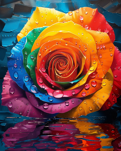 A stunning Rainbow Rose image for the Rainbow Rose - Meditation by miicreative. The bright colors and delicate water droplets enhance the calming and creative painting experience.