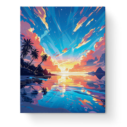 Tropical Sunset Reflection by miicreative, capturing a vivid seascape of palm trees and a glowing sunset. Ideal for mindfulness with paint by numbers.