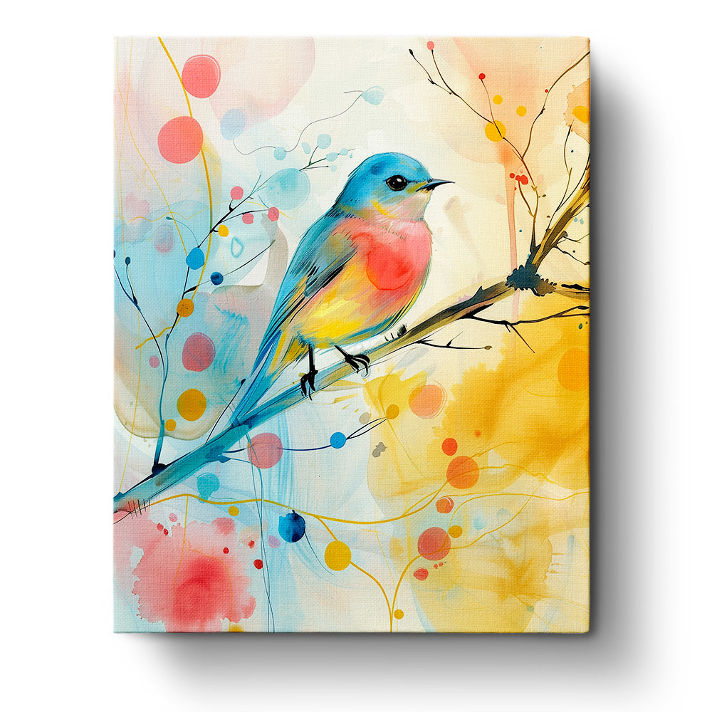 A vibrant, abstract painting of a bird perched on a branch with swirling colors and patterns illustrating nature's beauty by miicreative. A mindfulness and creativity-enhancing paint-by-numbers kit.