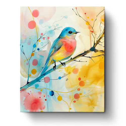 A vibrant, abstract painting of a bird perched on a branch with swirling colors and patterns illustrating nature's beauty by miicreative. A mindfulness and creativity-enhancing paint-by-numbers kit.