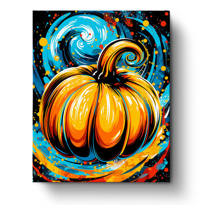 Pumpkin Vortex - Halloween paint by numbers kit by miicreative featuring a vibrant swirling galaxy of blue and orange hues enveloping a vivid pumpkin, emphasizing creativity and mindfulness.