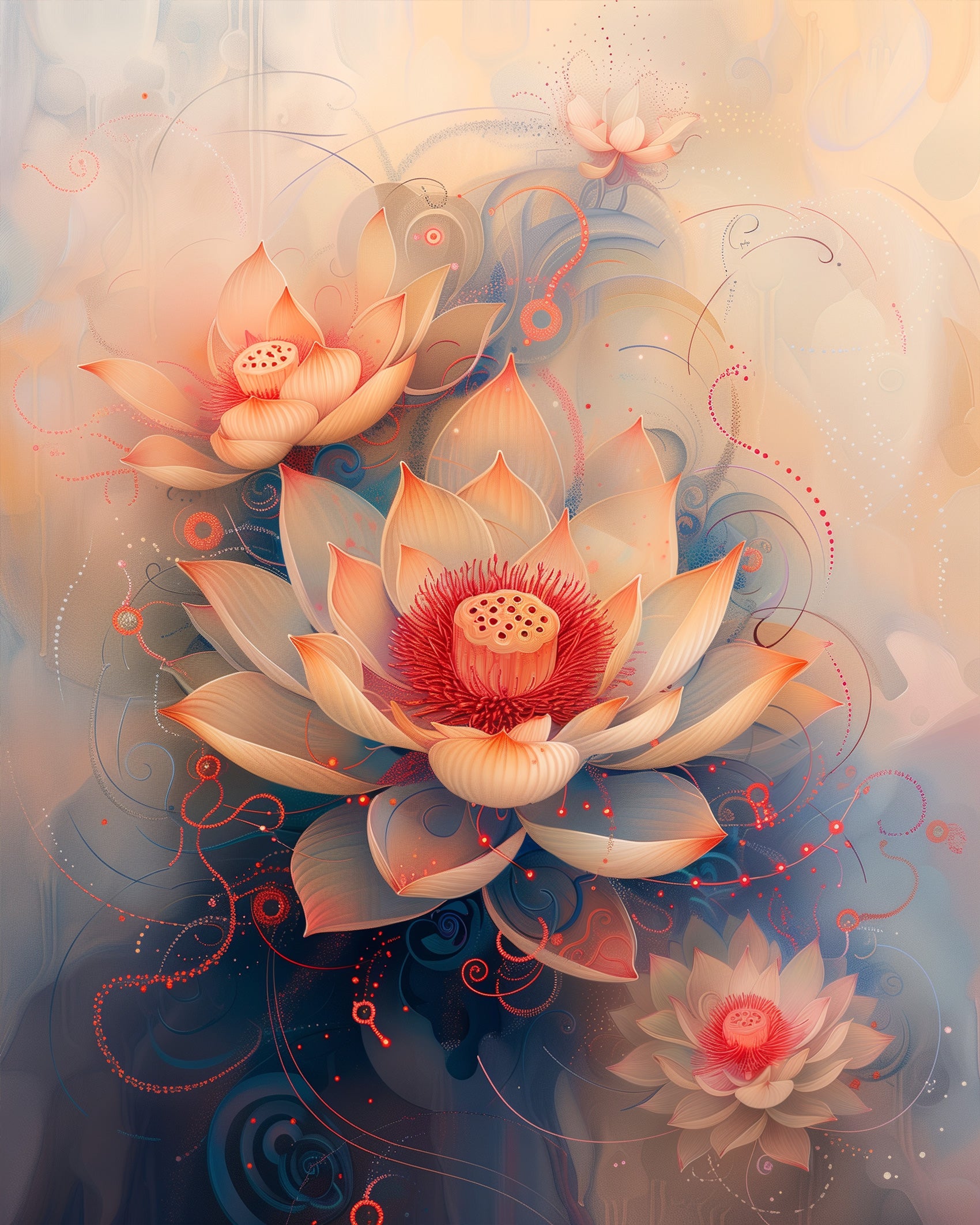 This image showcases the Tranquil Lotus Harmony - Bohemian Vibes kit by miicreative, featuring elegant lotus flowers in soft orange and blue hues, promoting mindfulness and creativity.