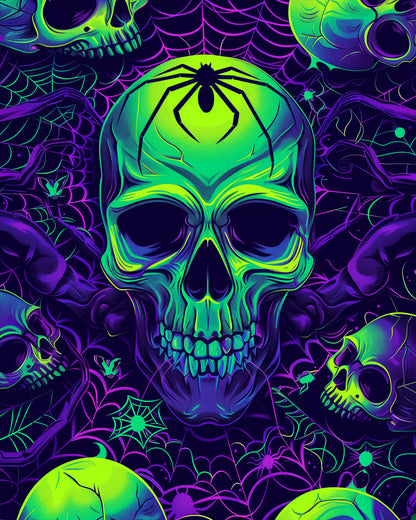 miicreative Neon Skull with Spider paint by numbers kit for Halloween. The image features a vibrant neon-colored skull with a spider on a purple background, emphasizing creativity and mindfulness.