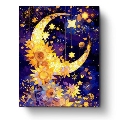 A mesmerizing celestial scene featuring vibrant sunflowers merging seamlessly with a crescent moon and stars in vivid yellow and deep blue. Title: Celestial Sunflowers Dreamscape - Bohemian Vibes by miicreative, inspiring creativity and mindfulness.
