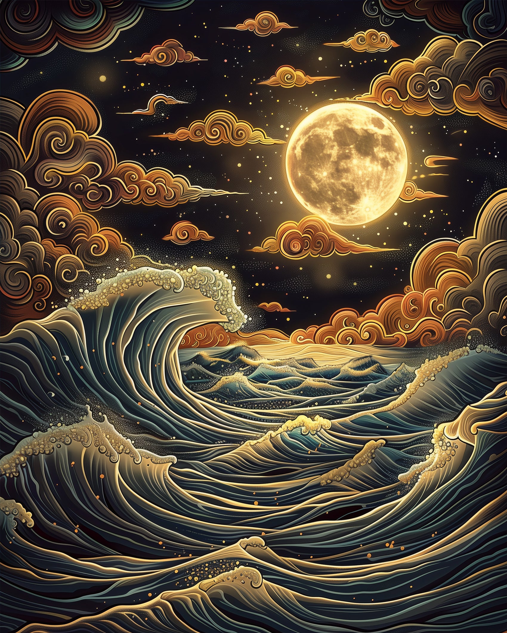 Miicreative's Lunar Waves Tranquility paint by numbers kit features a moonlit ocean, fostering focus and relaxation. Ideal for stress relief and creative mindfulness.