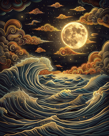 Miicreative's Lunar Waves Tranquility paint by numbers kit features a moonlit ocean, fostering focus and relaxation. Ideal for stress relief and creative mindfulness.