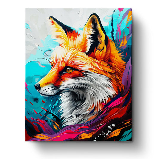 A striking abstract fox painting by miicreative, featuring vivid oranges and blues, part of the Vibrant Fox Portrait - Abstract Animals paint by numbers kit. Engage in mindfulness and creativity with every brushstroke.