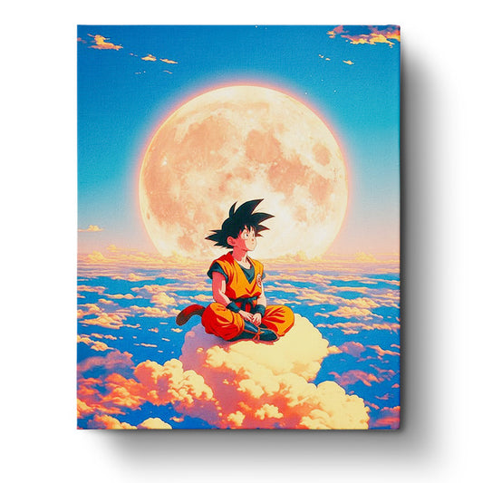 Goku meditating on a cloud with a full moon in the background, embodying peace and focus. miicreative paint by numbers kit captures the Dragon Ball Z scene perfectly.