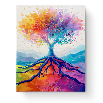 A vibrant paint-by-numbers kit titled 'Colorful Roots of Serenity - Meditation' by miicreative, featuring a multicolored tree with dynamic roots set against a calming natural backdrop, highlighting mindfulness and creativity.