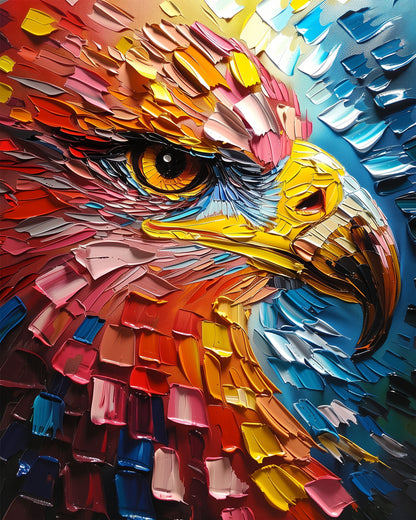 A vivid abstract depiction of an eagle bursting with colors, designed for paint by numbers by miicreative, enhancing mindfulness and creativity.