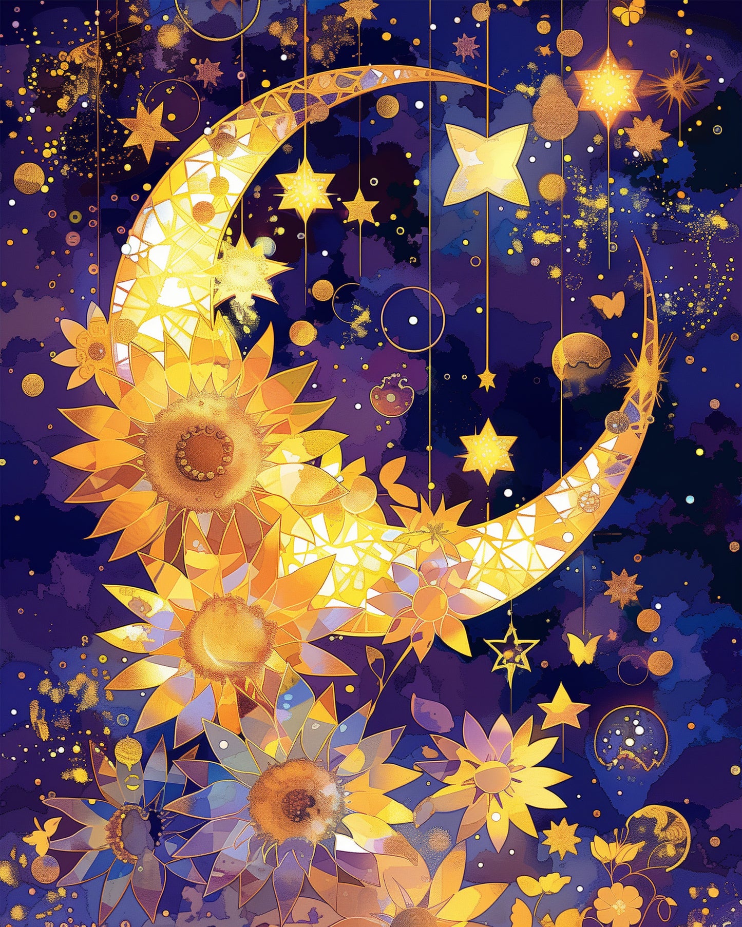 A mesmerizing celestial scene featuring vibrant sunflowers merging seamlessly with a crescent moon and stars in vivid yellow and deep blue. Title: Celestial Sunflowers Dreamscape - Bohemian Vibes by miicreative, inspiring creativity and mindfulness.