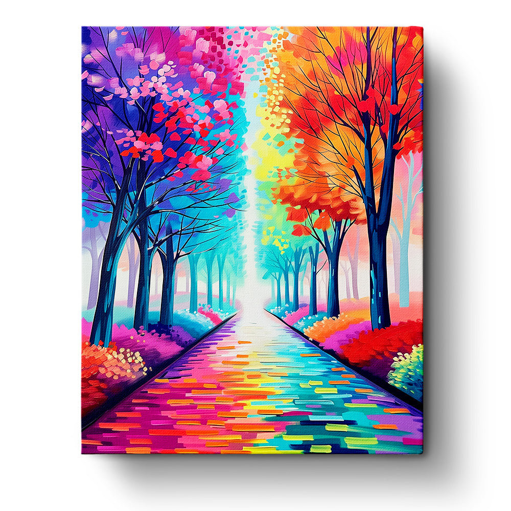 A vibrant and colorful pathway scene featuring a spectrum of blues, greens, and warm autumnal hues, highlighted in the paint-by-numbers kit 'Colorful Pathway - Meditation' by miicreative. Ideal for fostering mindfulness and creativity.