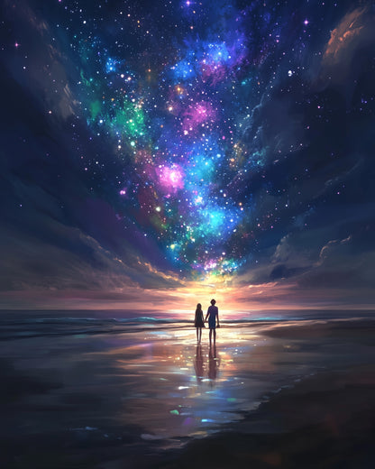 miicreative's stunning galaxy beach scene for relaxation and meditation. Perfect for mindfulness with our paint by numbers fixed kit.