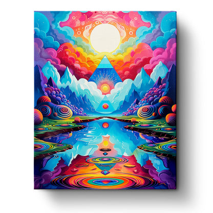 Cosmic Tranquility by miicreative features a vibrant cosmic landscape with colorful mountains and a serene lake reflecting a radiant sun, highlighting mindfulness and creativity.