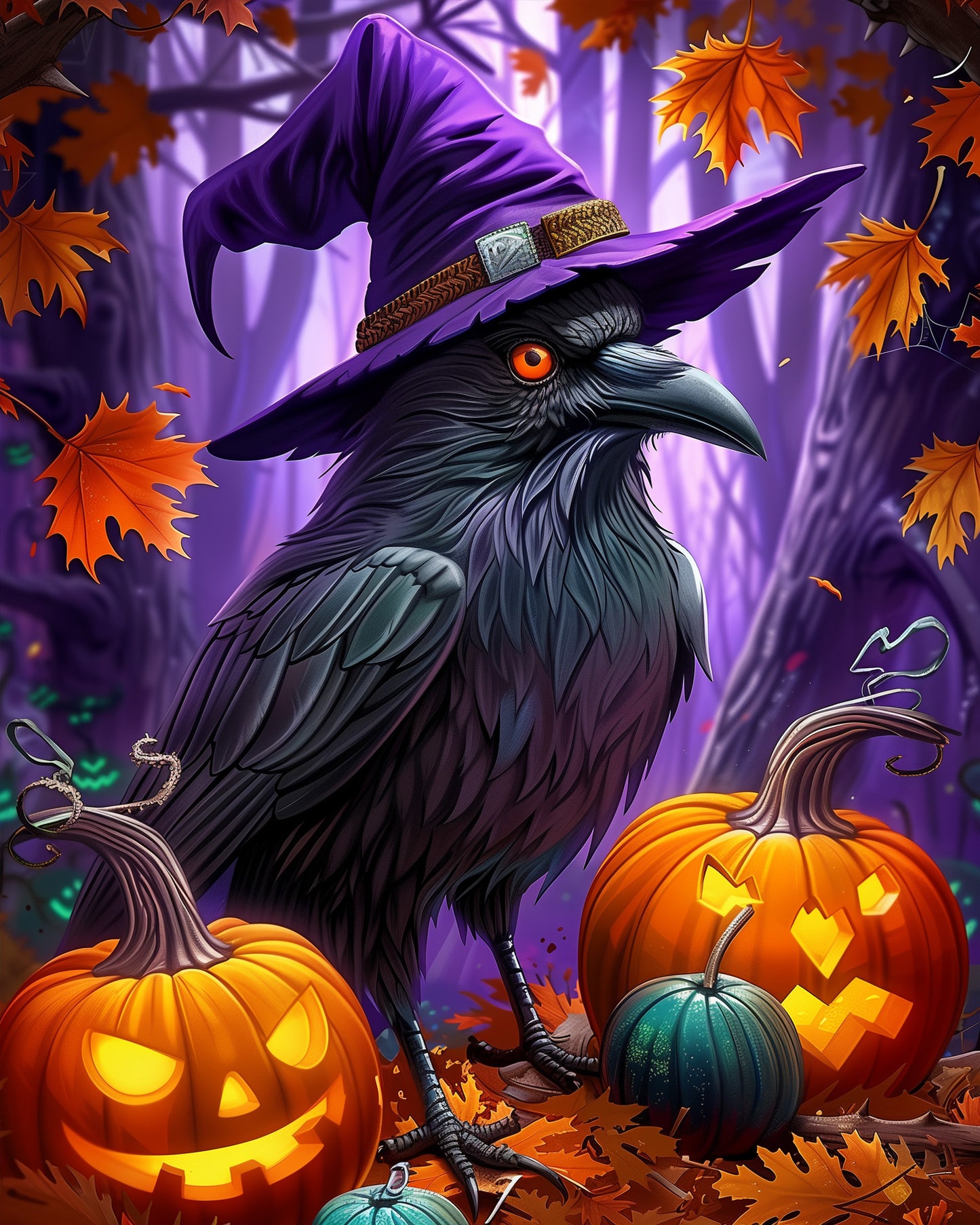 Witchy Raven and Pumpkins Halloween paint by numbers kit by miicreative. The image showcases a mystical raven wearing a purple witch hat surrounded by glowing jack-o'-lanterns, emphasizing vibrant colors and artistic creativity.