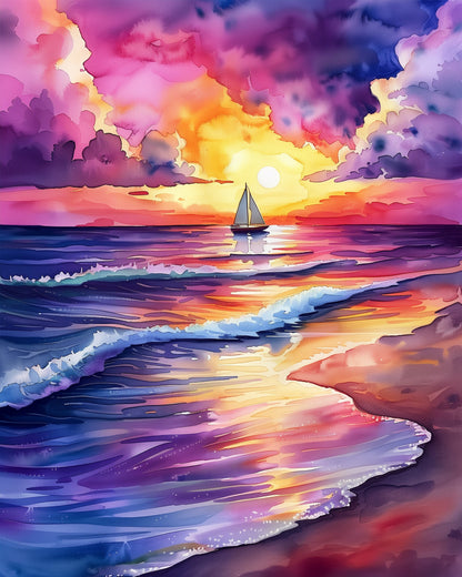 miicreative's serene sea escape, showcasing a sailboat at sunset. Immerse in tranquility and focus through this engaging paint by numbers experience.