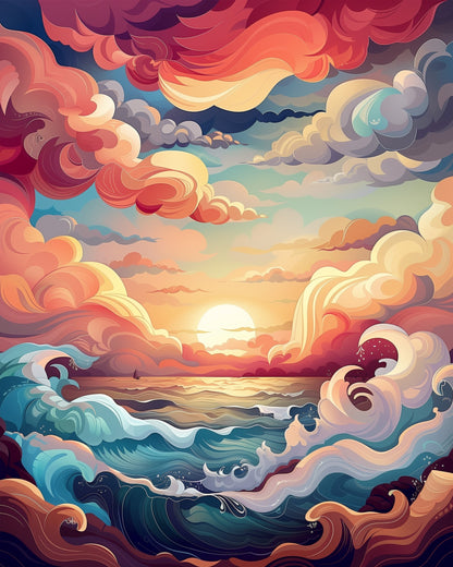 Miicreative's calming ocean scene with vibrant colors and dramatic skies, perfect for focusing and mindful painting.