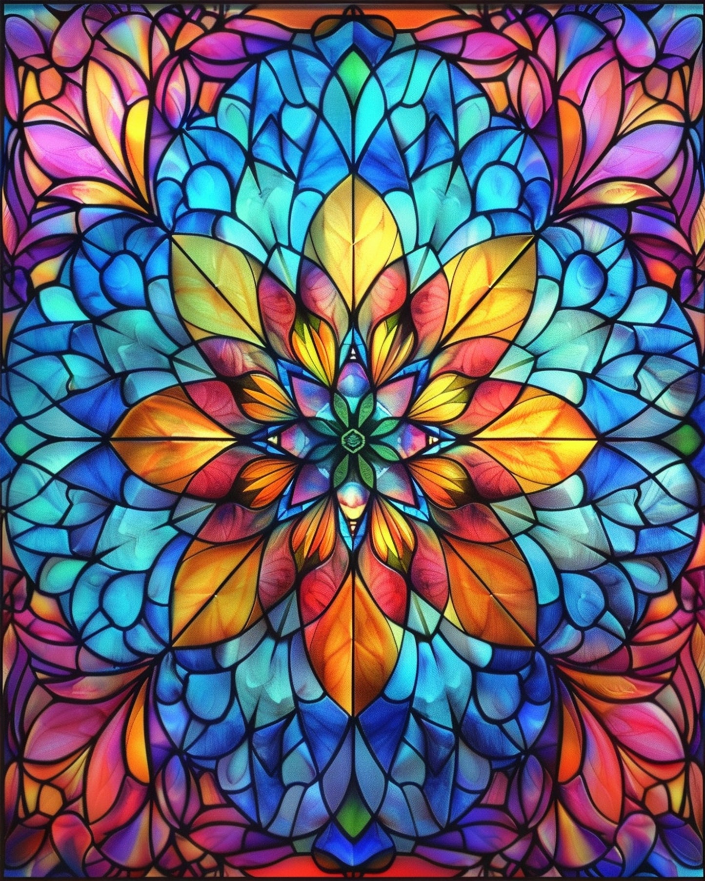 Radiant Stained Glass Mandalas by miicreative. A vibrant stained glass mandala featuring a kaleidoscope of blues, oranges, and pinks, highlighting creativity and mindfulness.