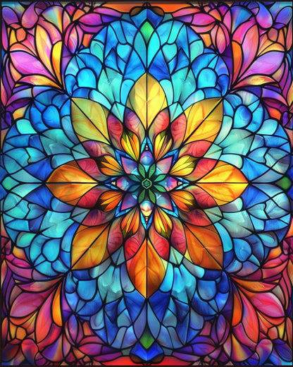 Radiant Stained Glass Mandalas by miicreative. A vibrant stained glass mandala featuring a kaleidoscope of blues, oranges, and pinks, highlighting creativity and mindfulness.