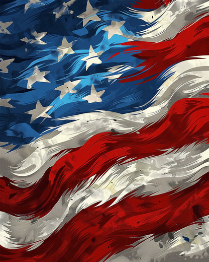 Detailed depiction of American Flag Waves featuring vivid red, white, and blue colors. This miicreative kit highlights the meditative art of paint by numbers, perfect for enhancing mindfulness and creativity.