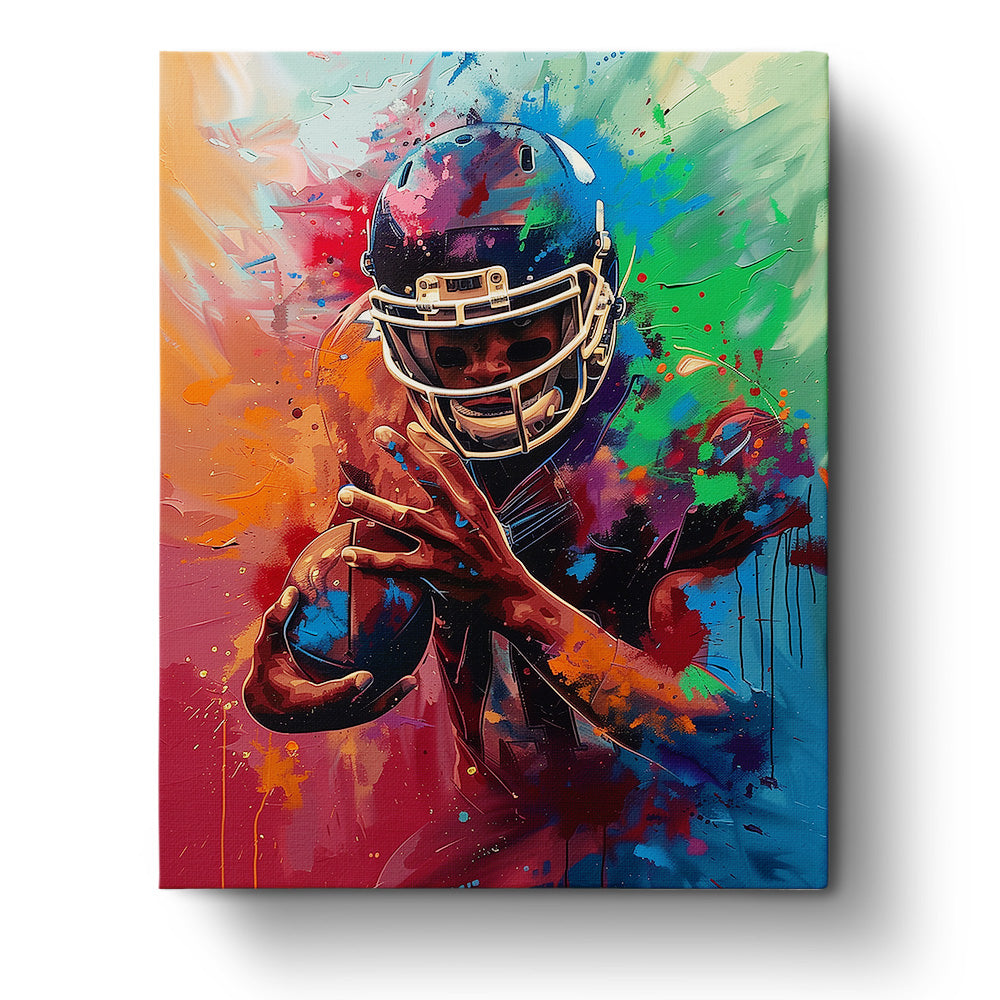 Vibrant Football Athlete - USA paint by numbers kit by miicreative. Features a colorful depiction of a football player in motion, emphasizing creativity and mindfulness. Energetic and vivid design to inspire relaxation and artistic expression.