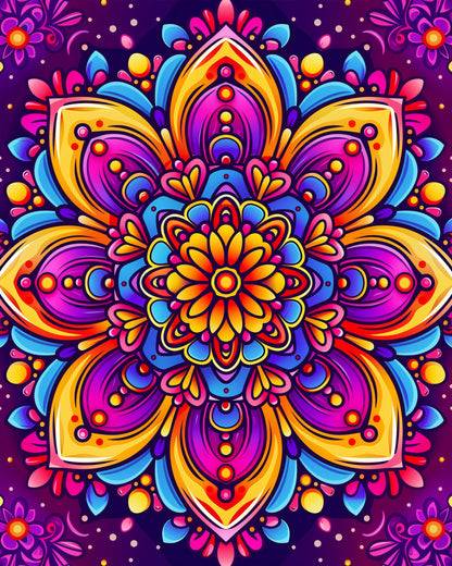 Vibrant Harmony - Mandalas paint by numbers kit by miicreative. Features a kaleidoscope of colors with intricate mandala patterns, promoting mindfulness and creativity.