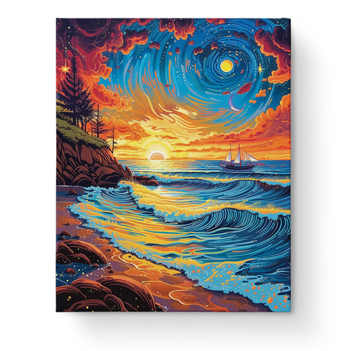 Sunset Serenity Sea Landscape by miicreative. A serene ocean scene at sunset with vibrant colors and a sailboat. Ideal for mindfulness and relaxation.
