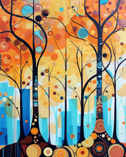 Autumn Forest Harmony by miicreative, featuring abstract trees with vibrant oranges, blues, and browns. This paint by numbers kit emphasizes creativity and mindfulness in painting.