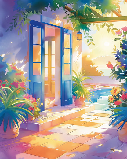 Sunlit Terrace Escape - Bohemian Vibes paint by numbers kit from miicreative. An inviting scene with vibrant plants and blue doors opening to a sunlit patio, fostering mindfulness and creativity.