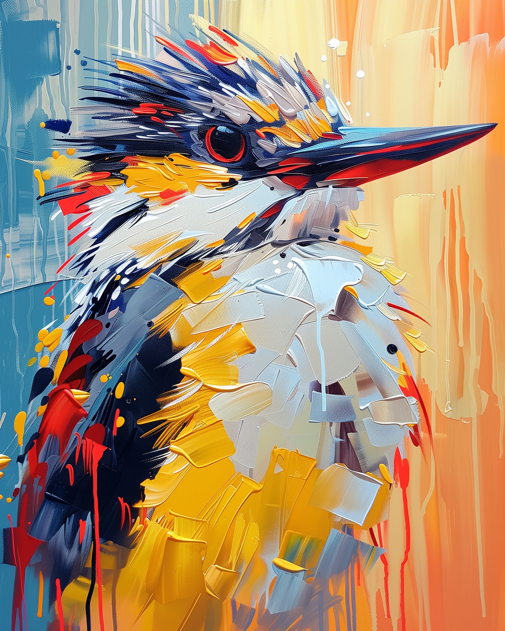 Vibrant kingfisher with bright blue, yellow, and red strokes in the Colorful Kingfisher Portrait by miicreative. This abstract animals paint by numbers kit inspires mindfulness and creativity.