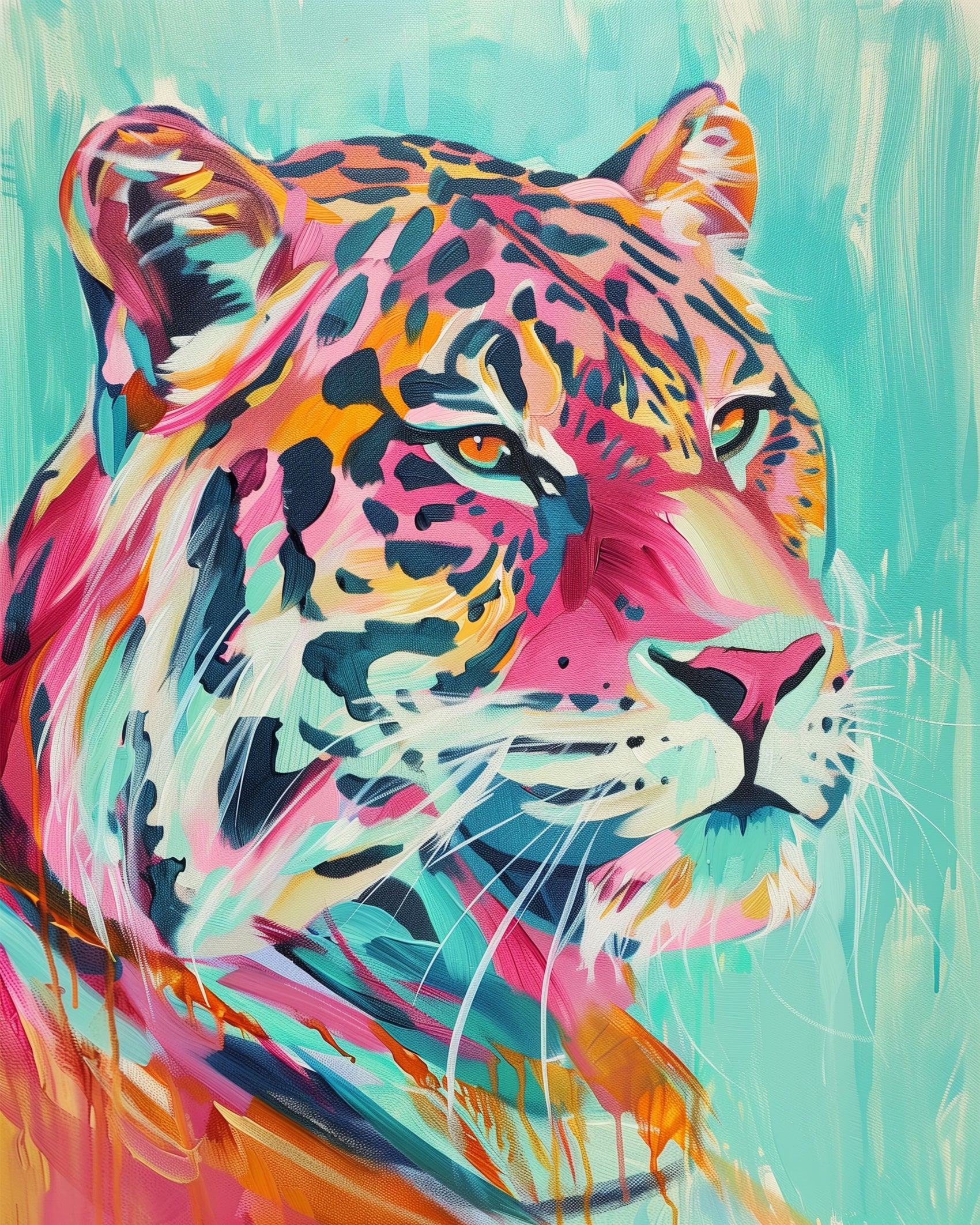 A colorful depiction of a leopard featuring bold pink, blue, and orange hues, showcased in the Vibrant Leopard - Abstract Animals kit by miicreative. Experience mindfulness and creativity through this striking paint by numbers experience.