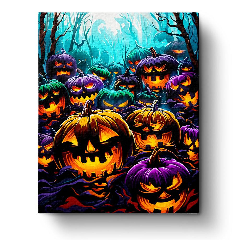 A vibrant image of Enchanted Jack-O'-Lanterns against a mystic forest background, featuring glowing pumpkins in orange, purple, and teal hues. Paint by numbers art kit by miicreative, promoting mindfulness and creativity.
