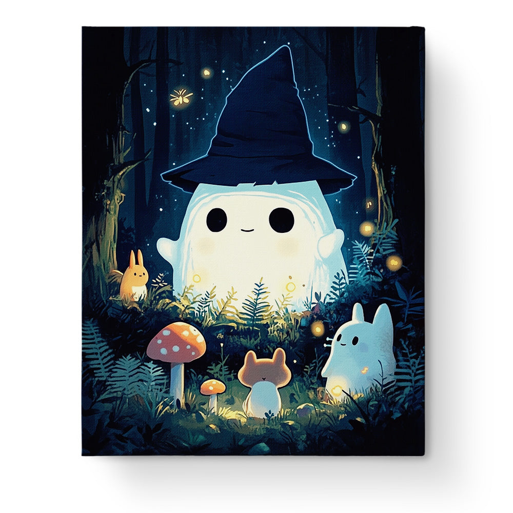 Cute Ghost Witch Gathering Halloween scene with glowing ghost in a witch hat surrounded by forest creatures. miicreative offers a relaxing paint by numbers experience.
