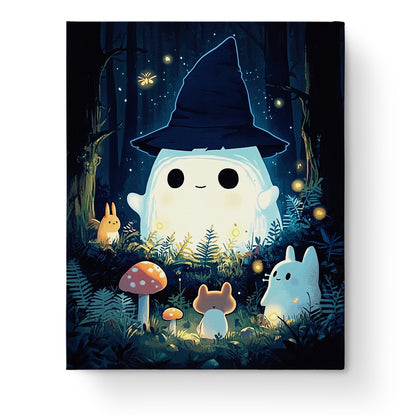 Cute Ghost Witch Gathering Halloween scene with glowing ghost in a witch hat surrounded by forest creatures. miicreative offers a relaxing paint by numbers experience.