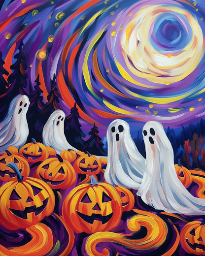 A vibrant paint by numbers kit titled Ghostly Night Sky featuring swirling purples and oranges with spooky ghosts and glowing jack-o'-lanterns against a night sky. A miicreative product that enhances mindfulness and creativity.