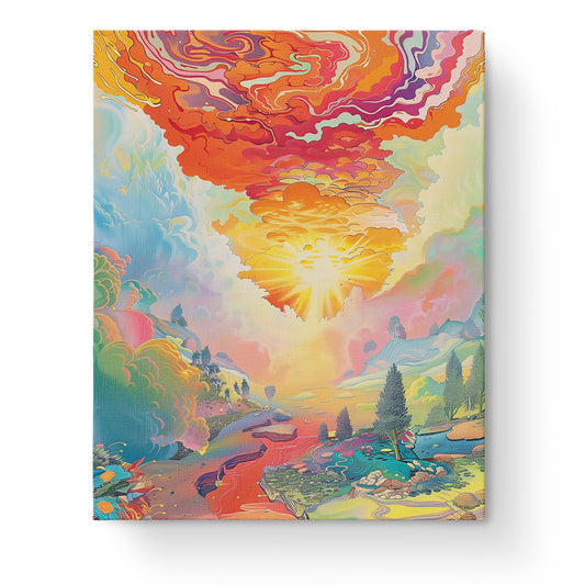 Dreamscape Sunrise features a vibrant sunrise with swirling clouds in hues of orange, pink, and blue over a serene landscape, presented by miicreative. This kit promotes mindfulness and creativity.