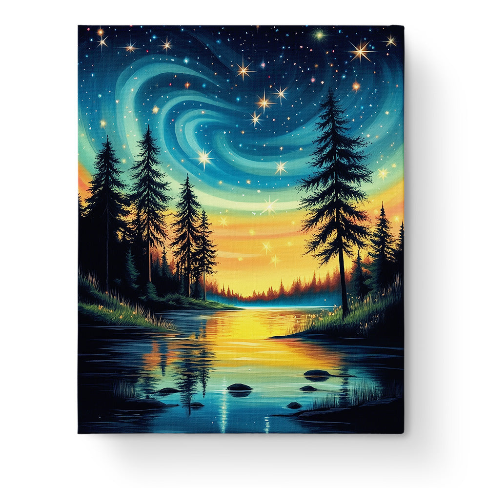 Starry Forest Reflection by miicreative. A tranquil night sky over a forest reflected in water, offering a mindful painting experience.