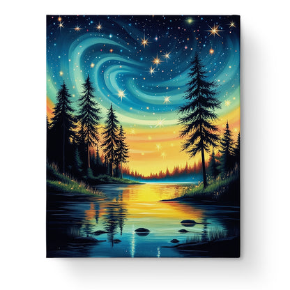 Starry Forest Reflection by miicreative. A tranquil night sky over a forest reflected in water, offering a mindful painting experience.