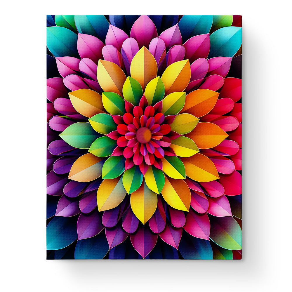Vibrant Floral Burst Mandalas paint by numbers kit by miicreative, featuring bold, multicolored petals. Perfect for mindfulness and creativity.