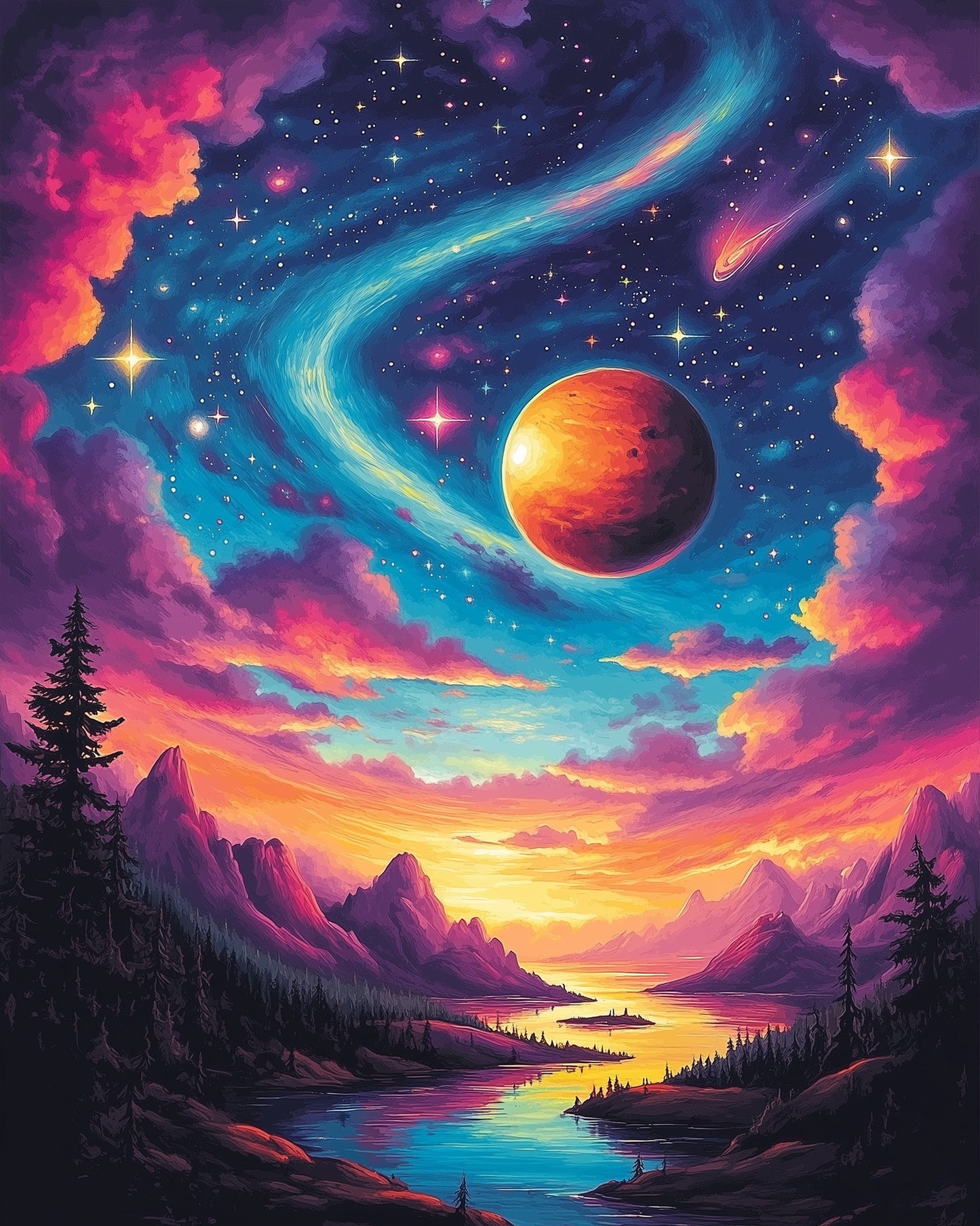 Miicreative's Celestial Serenity offers a cosmic landscape painting kit, perfect for relaxation and creativity through the paint by numbers experience.