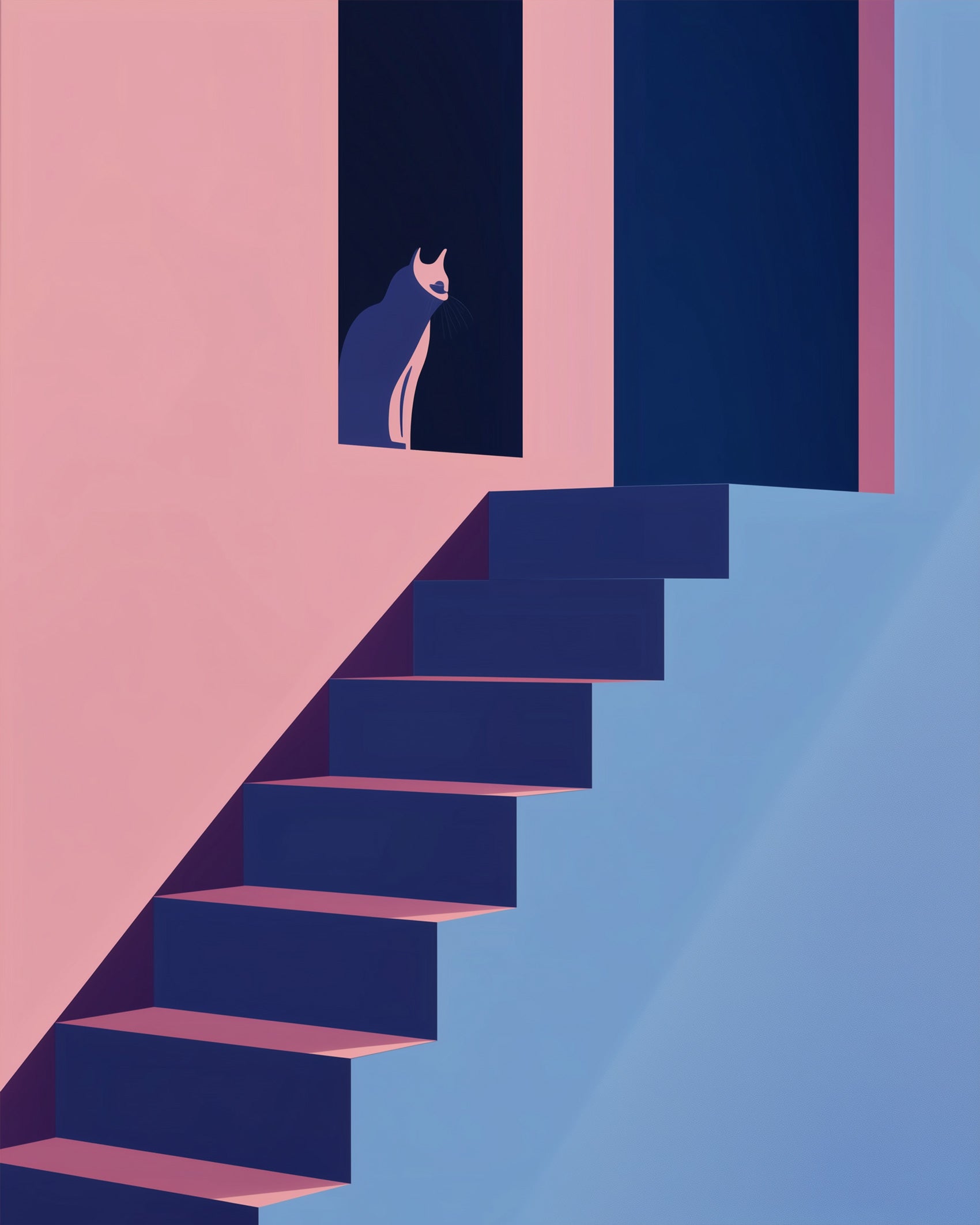 Artistic image of a cat on stairs, miicreative's fixed paint by numbers kit. Soft pastel and deep dark tones inviting relaxation and focus. Ideal for creativity.