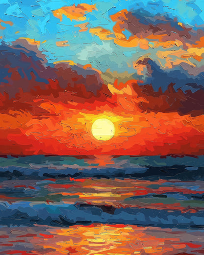 Experience a tranquil sunset over the sea with miicreative. This paint by numbers kit offers relaxation and focus, capturing vivid colors and peaceful waves.