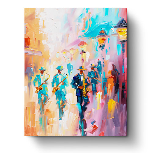 A vibrant paint by numbers scene titled Jazz Street Serenade, featuring jazz musicians in colorful suits playing saxophones in a lively street setting. Presented by miicreative, emphasizing creativity and mindfulness.