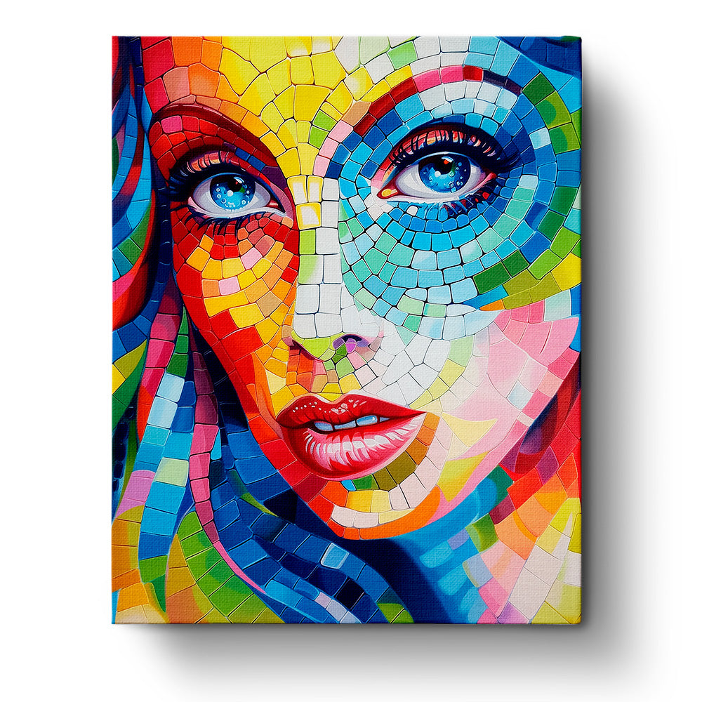 Vibrant mosaic portrait of a woman's face with colorful geometric patterns, titled Colorful Mosaic Portrait - Bohemian Vibes by miicreative. Perfect for mindfulness and creativity.