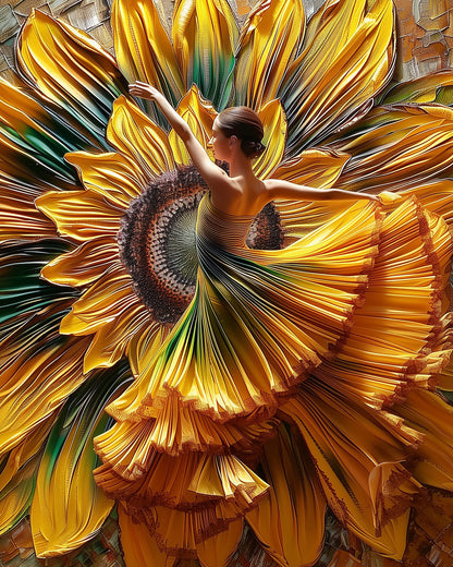 Experience the Sunflower Elegance with miicreative's floral paint by numbers kit. A serene woman dances among bold sunflowers, fostering creativity and relaxation.