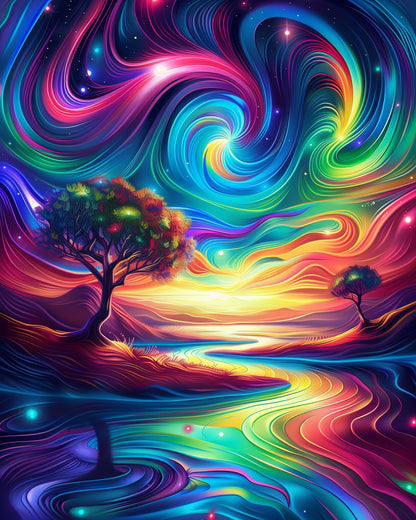 A vibrant, swirling night sky over a luscious landscape, featured in Ethereal Landscape - Meditation by miicreative. Colors blend harmoniously, enhancing mindfulness and creativity.