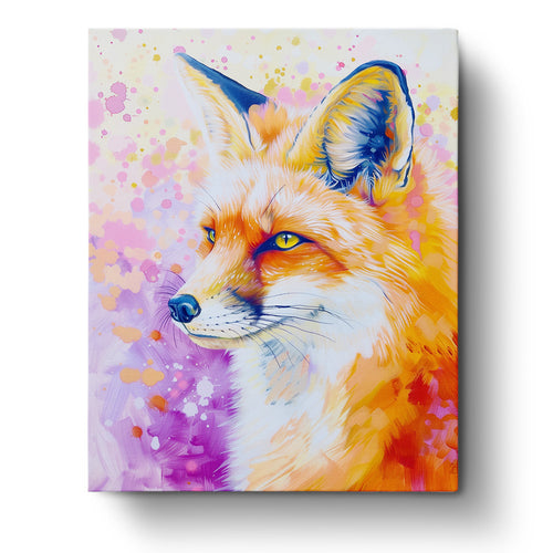 A vibrant abstract fox painting featuring bold oranges and purples, part of the miicreative collection. The artwork emphasizes mindfulness and creativity, capturing the fox's attention to detail and colors.