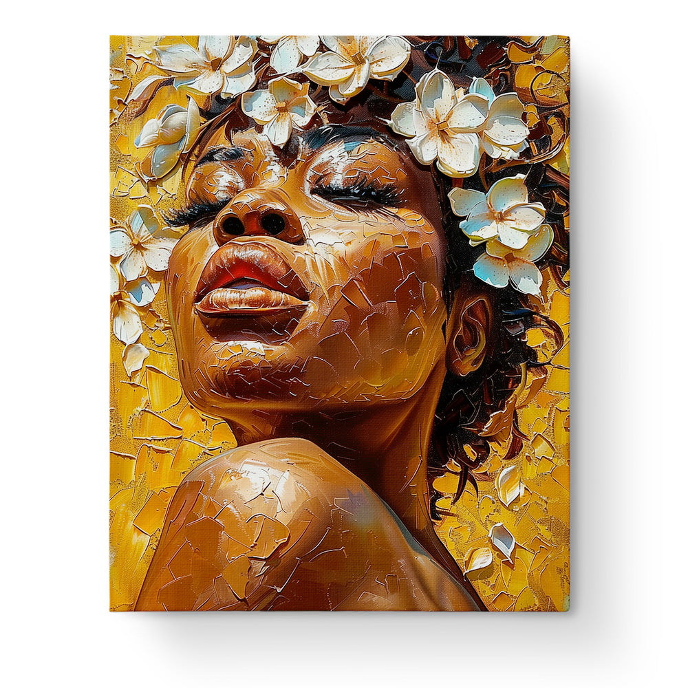 Golden Blossoms Serenity - Floral Women by miicreative. A captivating image of a serene woman adorned with golden flowers. Perfect for mindful painting experiences.