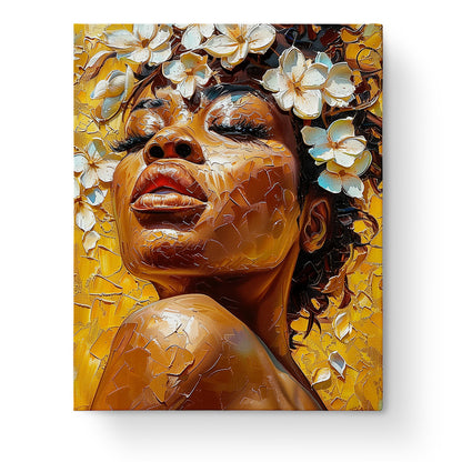 Golden Blossoms Serenity - Floral Women by miicreative. A captivating image of a serene woman adorned with golden flowers. Perfect for mindful painting experiences.